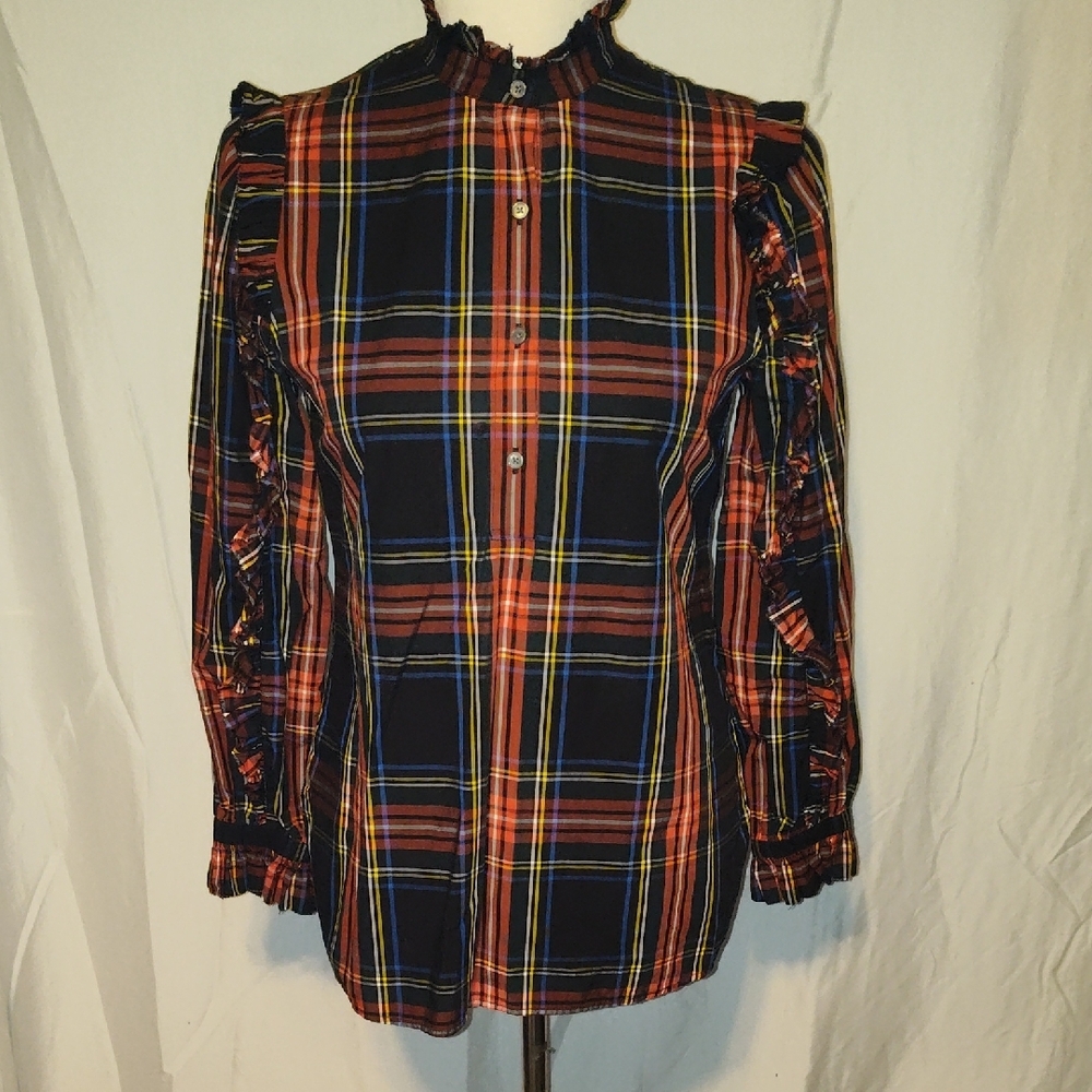 J Crew Women's Popover Shirt Top Sz  XSmall  Stewart Tartan Plaid Ruffle Classic